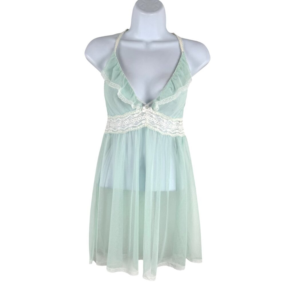 Betsey Johnson Eyelet Mesh Babydoll Tank Top Small‎ Lace Ruffle Blue TP-3768